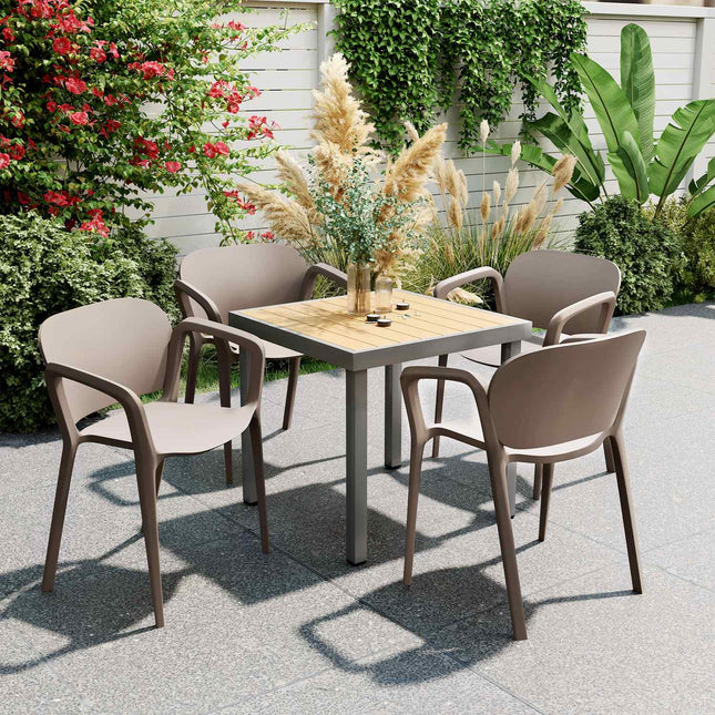 Weatherproof patio chairs in gray plastic, stackable set of 4