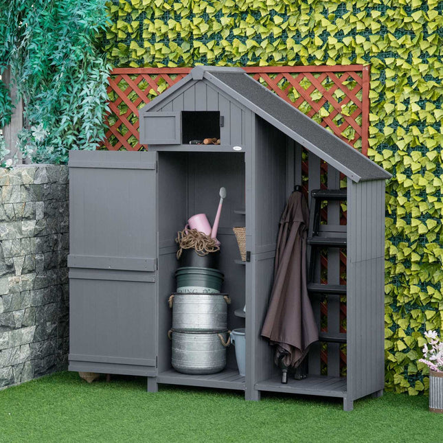 Garden tool shed in wood, gray and black, 129x52x180 cm