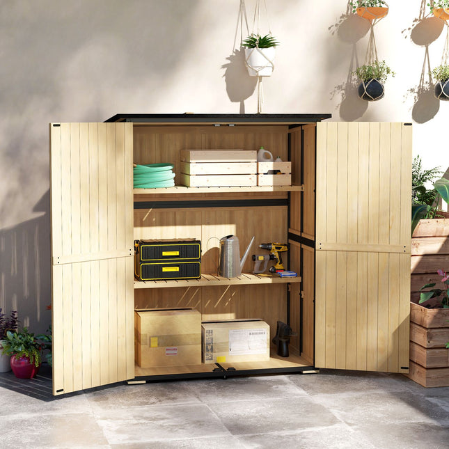 Weatherproof wooden garden tool shed with shelves