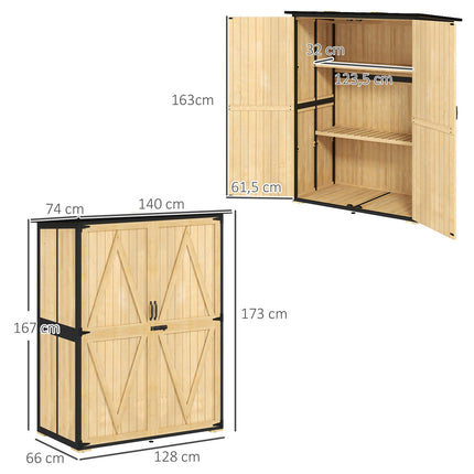 Weatherproof wooden garden tool shed with shelves