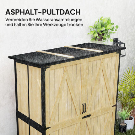 Weatherproof wooden garden tool shed with shelves