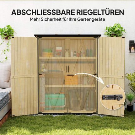 Weatherproof wooden garden tool shed with shelves