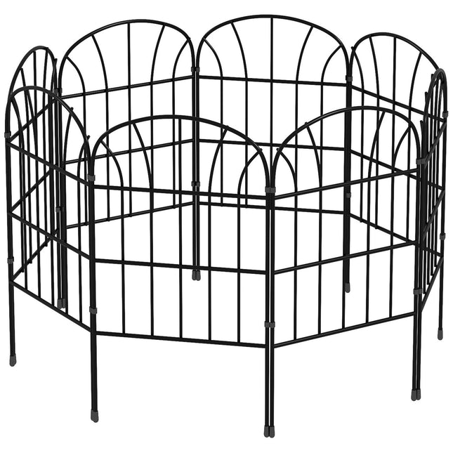 Decorative metal garden fence with base, set of 8, black