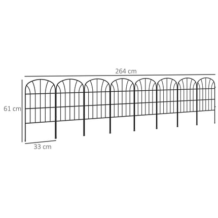 Decorative metal garden fence with base, set of 8, black