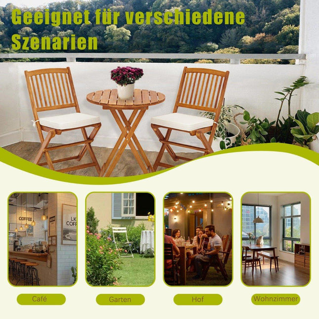 Garden furniture set 3-piece balcony furniture set with 2 chairs and round coffee table made of acacia wood, foldable bistro set for terrace, beige