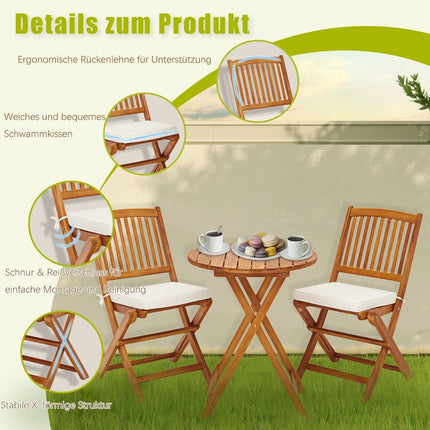 Garden furniture set 3-piece balcony furniture set with 2 chairs and round coffee table made of acacia wood, foldable bistro set for terrace, beige