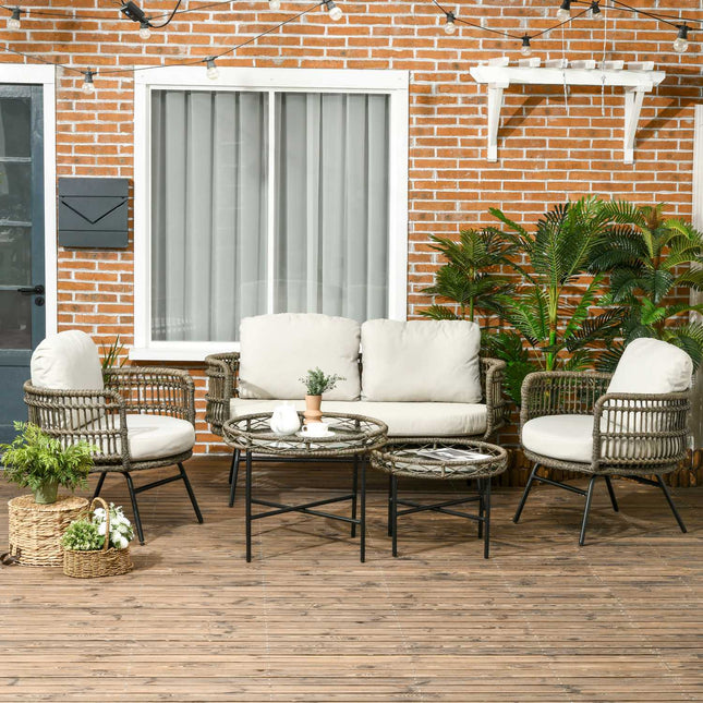 5 Piece Rattan Patio, Cushions, Brown Boho Style