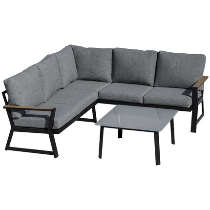 L-shaped outdoor furniture set, aluminum sofa and table, gray cushions