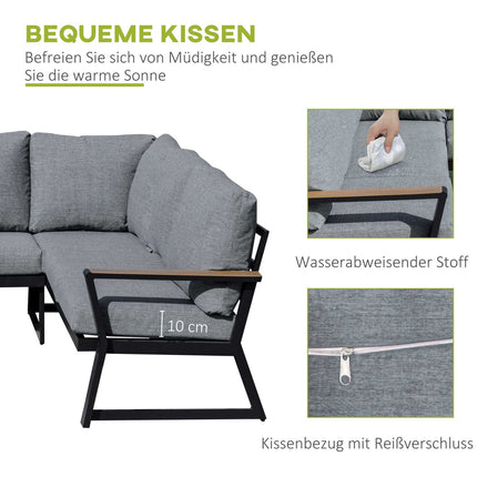 L-shaped outdoor furniture set, aluminum sofa and table, gray cushions