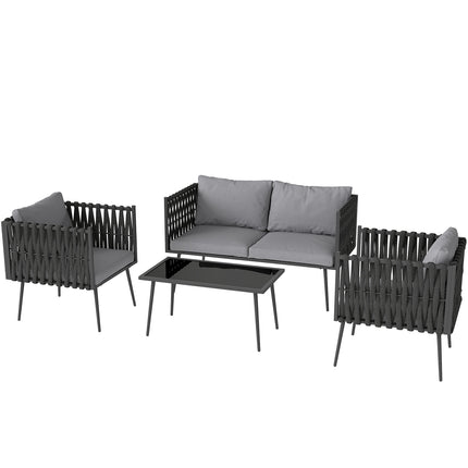 Garden furniture set for 4 people, weatherproof, balcony furniture set with 2-seater sofa, armchair, glass table, seat cushion, light grey
