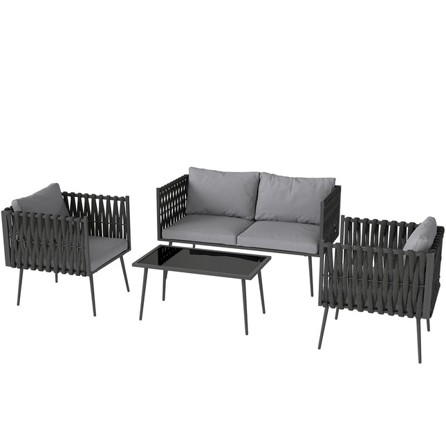 Tuinmeubelset voor 4 personen, weerbestendig, balkonmeubelset met 2-zitsbank, fauteuil, glazen tafel, zitkussen, lichtgrijs
