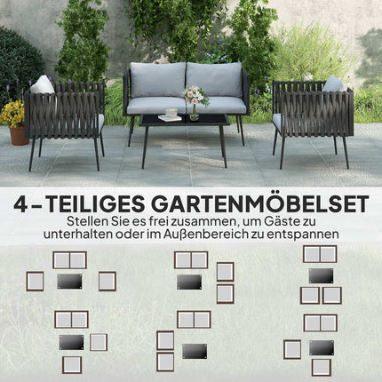 Garden furniture set for 4 people, weatherproof, balcony furniture set with 2-seater sofa, armchair, glass table, seat cushion, light grey