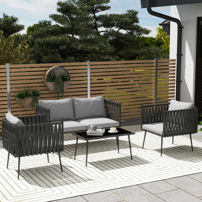 Tuinmeubelset voor 4 personen, weerbestendig, balkonmeubelset met 2-zitsbank, fauteuil, glazen tafel, zitkussen, lichtgrijs
