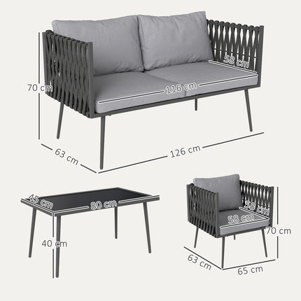 Garden furniture set for 4 people, weatherproof, balcony furniture set with 2-seater sofa, armchair, glass table, seat cushion, light grey
