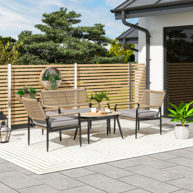 Tuinmeubelset van polyrotan loungeset met 2 fauteuils glazen tafelkussens weerbestendige zitgroep voor 4 personen buitenbalkonmeubelset terrasmeubilair voor tuinbalkon donkergrijs + geel |