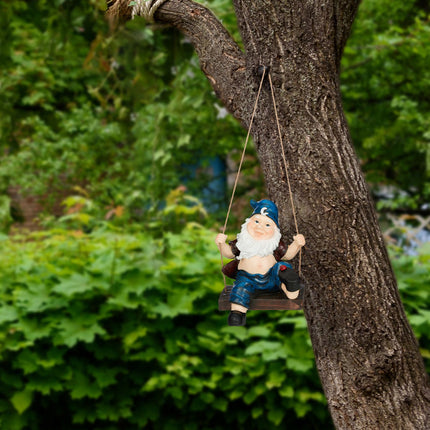 Garden gnome on a swing