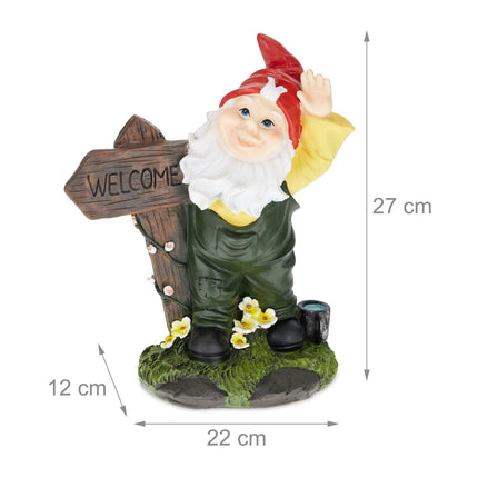 Garden gnome with welcome sign
