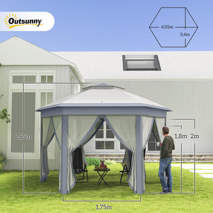 Hexagonal pop-up party tent, 4x4m, with 6 side panels, grey