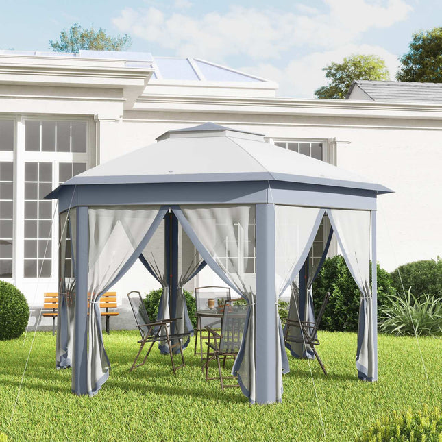 Hexagonal pop-up party tent, 4x4m, with 6 side panels, grey