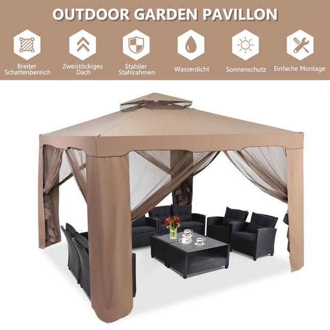 Garden pavilion garden tent camping party tent with 4 side walls 300 x 300 x 265 cm brown