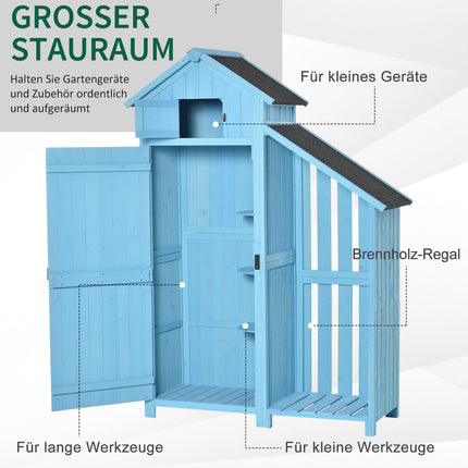 Sky blue garden shed, firewood storage, 3 shelves, 130x54.5x180 cm