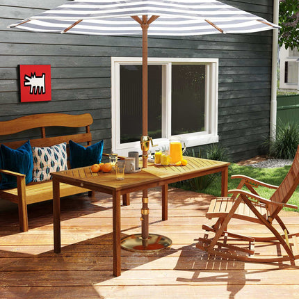 Garden table 150x85cm, weatherproof balcony table made of wood, 6 people with umbrella hole, slat design natural wood