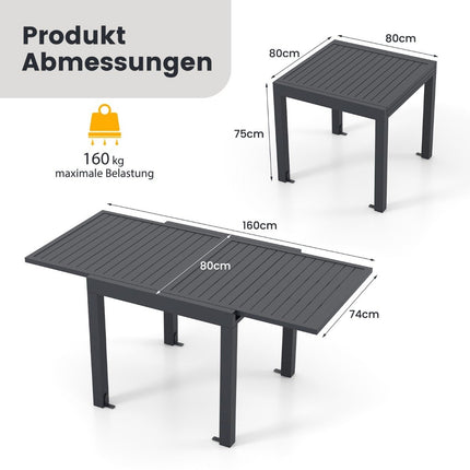 Garden table aluminum extendable 80/160 x 80cm dining table weatherproof dark gray