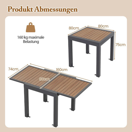 Garden table aluminum extendable 80/160 x 80 cm weatherproof dining table with table top in wood look