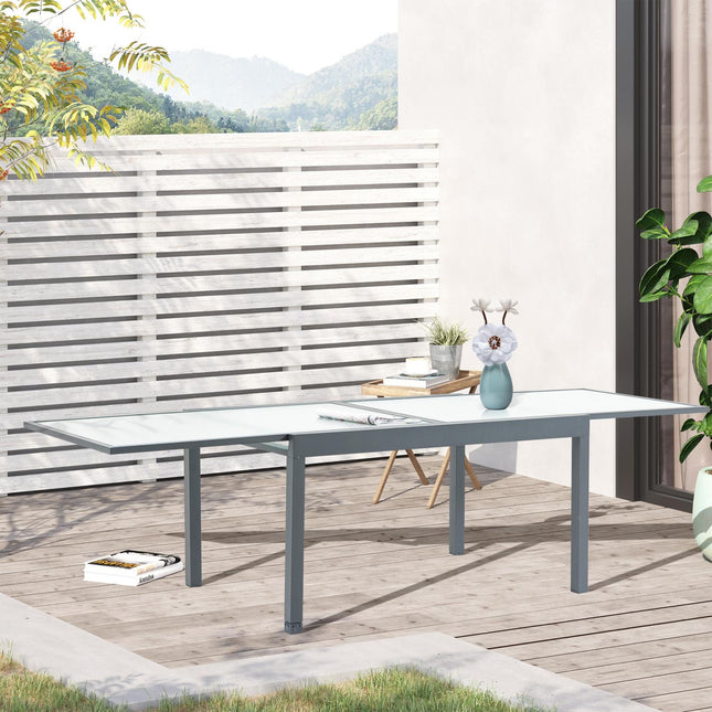 Stół ogrodowy stół jadalny z blatem ze szkła hartowanego 160-210 cm rozkładany, aluminiowy, prostokątny, szaro-biały do mebli balkonowych i ogrodowych