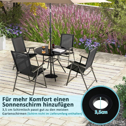 Garden table with tempered glass table top patio table with umbrella hole 86 x 86 x 71 cm black