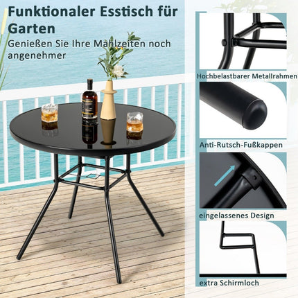 Garden table with tempered glass table top patio table with umbrella hole 86 x 86 x 71 cm black