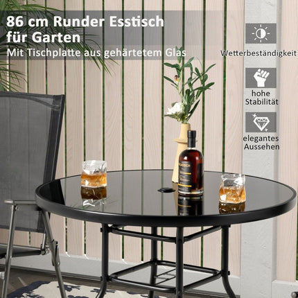 Garden table with tempered glass table top patio table with umbrella hole 86 x 86 x 71 cm black