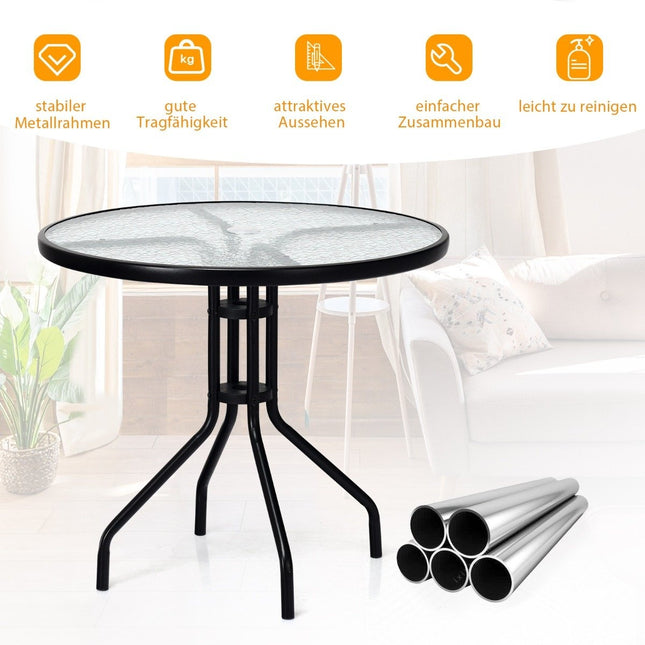 Garden table with tempered glass table top & umbrella hole & metal frame patio table