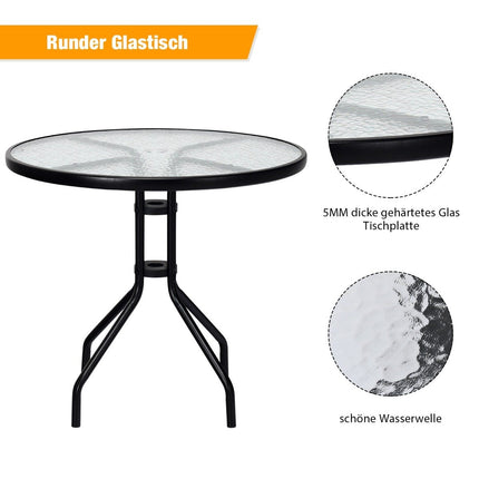 Garden table with tempered glass table top & umbrella hole & metal frame patio table