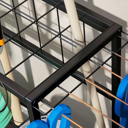 Garden tool organizer in 3 levels with hooks, holds 20 tools