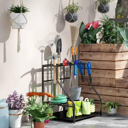 Garden tool organizer in 3 levels with hooks, holds 20 tools