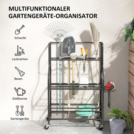 Garden tool rack with hooks - 3 levels, 40 kg load capacity