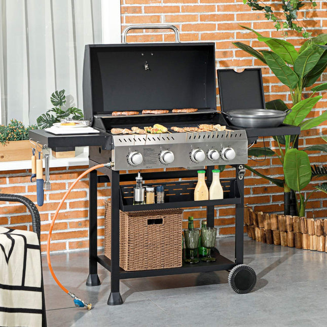 Gas grill cart, 4+1 burner, thermometer, wheels, black
