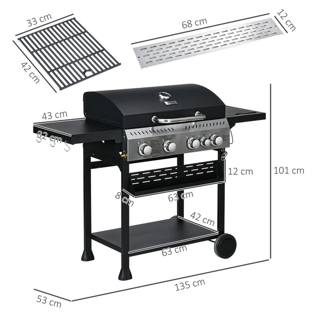 Gas grill cart, 4+1 burner, thermometer, wheels, black