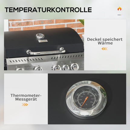 Gas grill cart, 4+1 burner, thermometer, wheels, black