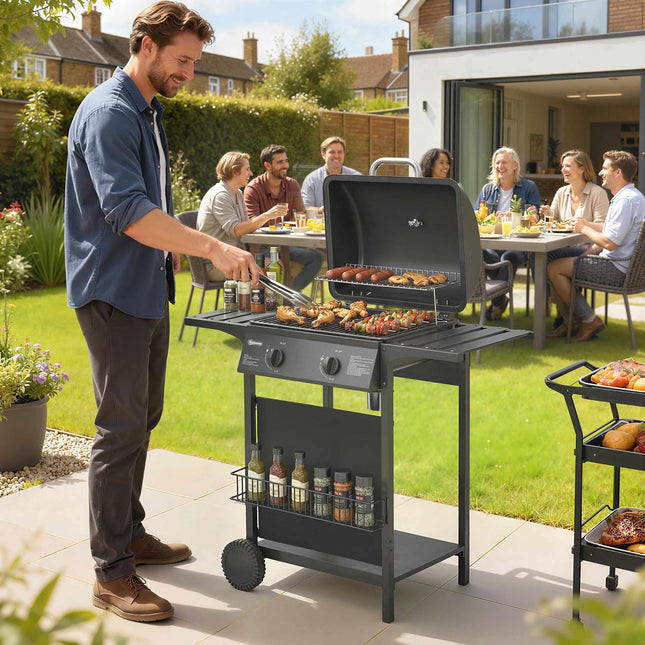 Gasbarbecue 5 kW, 2 branders, roestvrij staal, bijzettafels