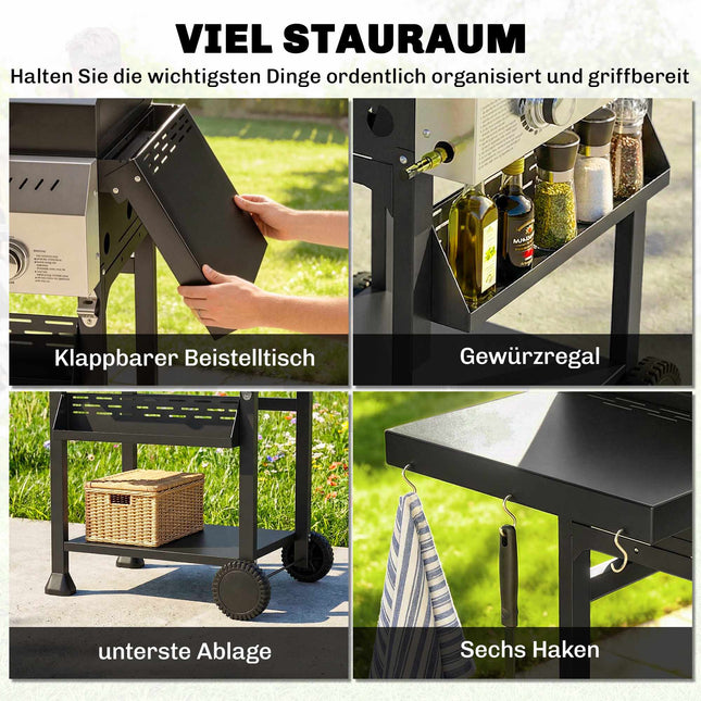 Gas Grill 9kW, 3 Burners, Stainless Steel, Foldable Shelves