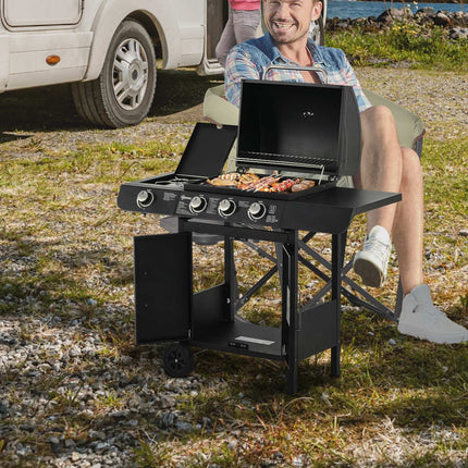 Gas grill with 3 burners & 1 side burner, black steel cabinet