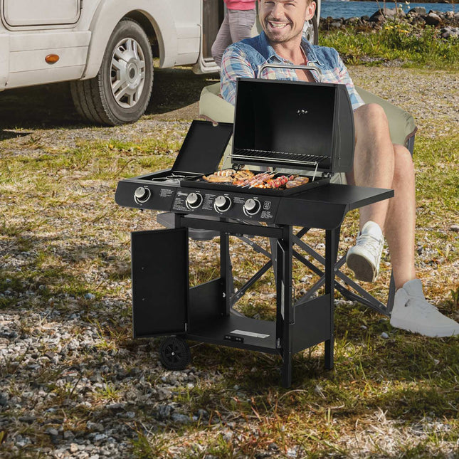 Gas grill with 3 burners & 1 side burner, black steel cabinet
