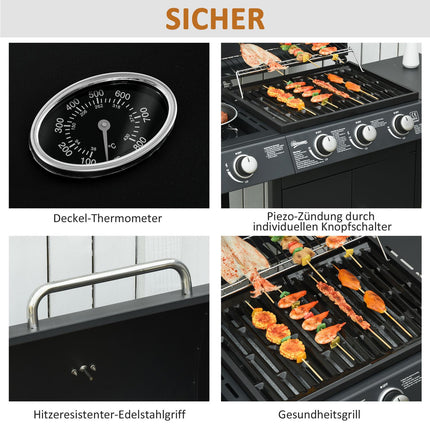 Gas grill with 3 burners & 1 side burner, black steel cabinet