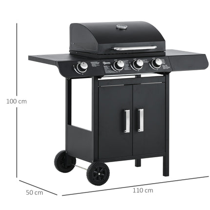 Gas grill with 3 burners & 1 side burner, black steel cabinet