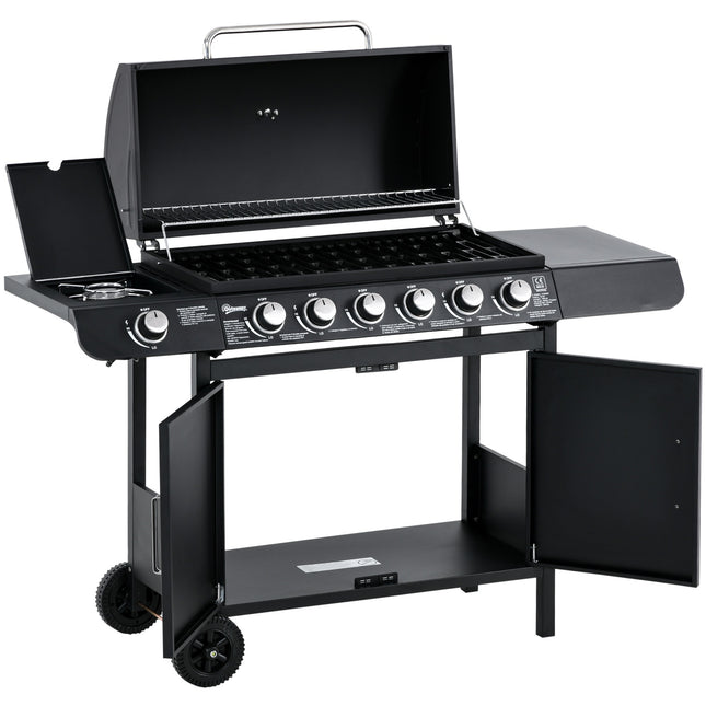 Gas grill with 6 burners, side burner, storage cabinet