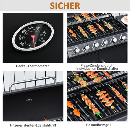 Gas grill with 6 burners, side burner, storage cabinet