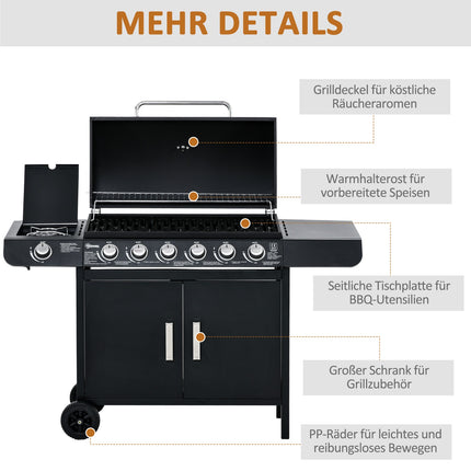 Gas grill with 6 burners, side burner, storage cabinet