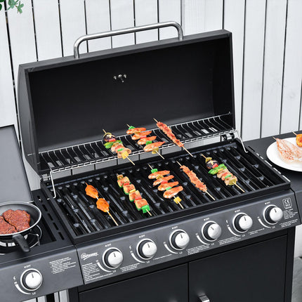 Gas grill with 6 burners, side burner, storage cabinet